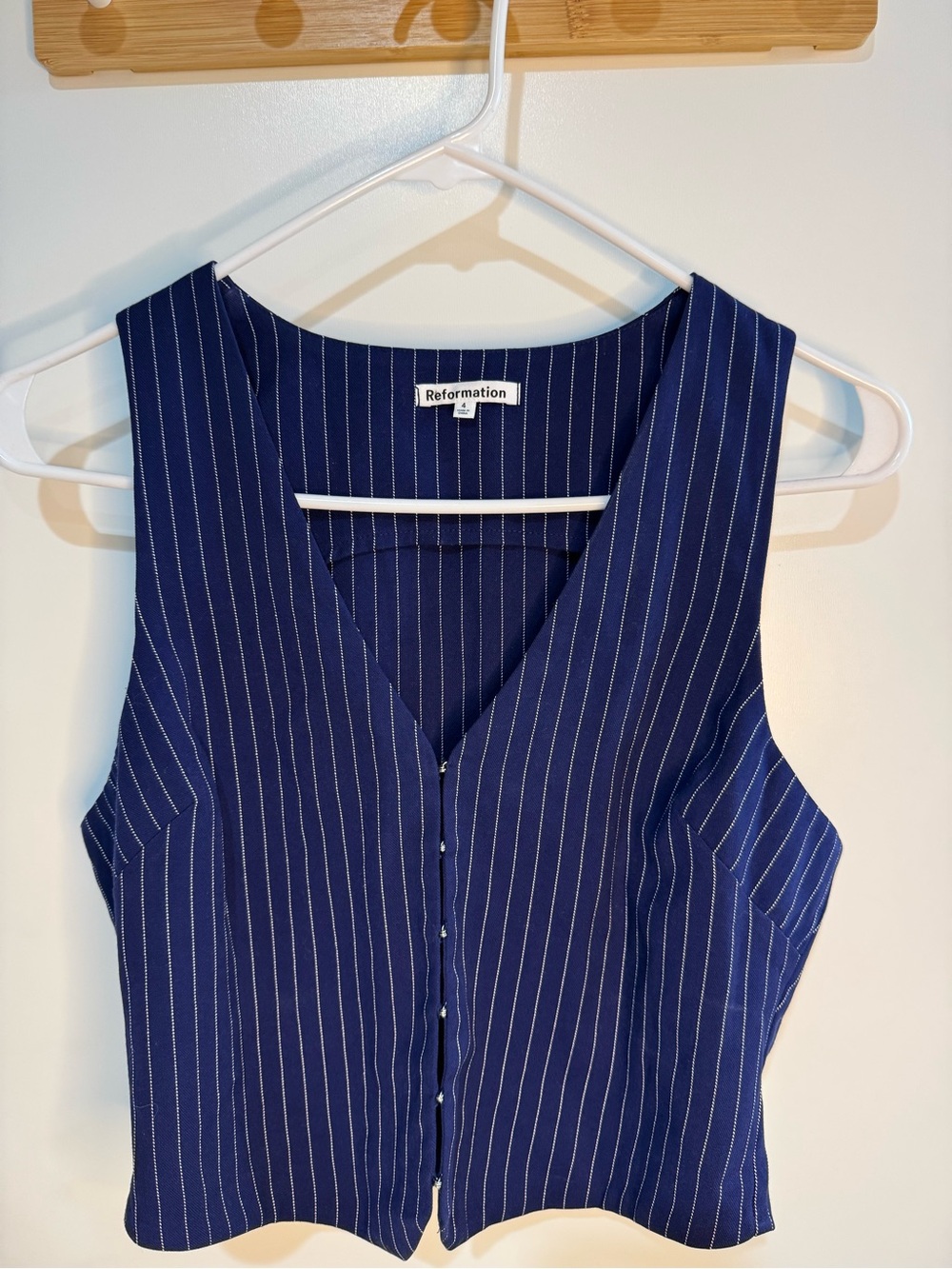 Reformation Navy and White Pinstripe Button-Front V-Neck Tank